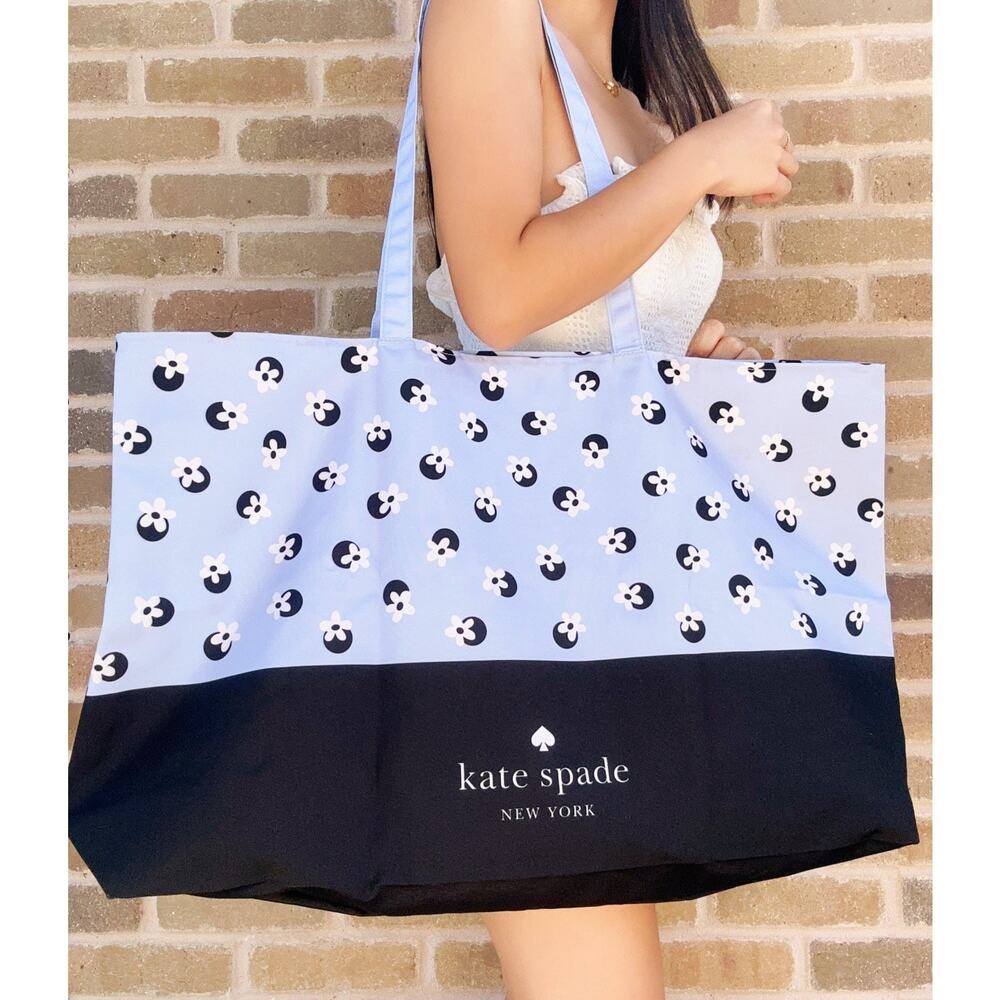 Kate Spade Large Floral Dot Print Canvas Tote Light Blue White Black